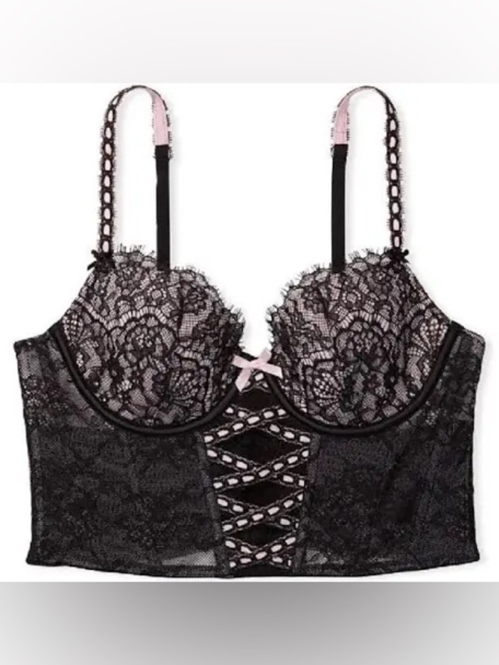 Victoria's Secret NWTs Large Black Lace Longline Corset Top with Pink Trim